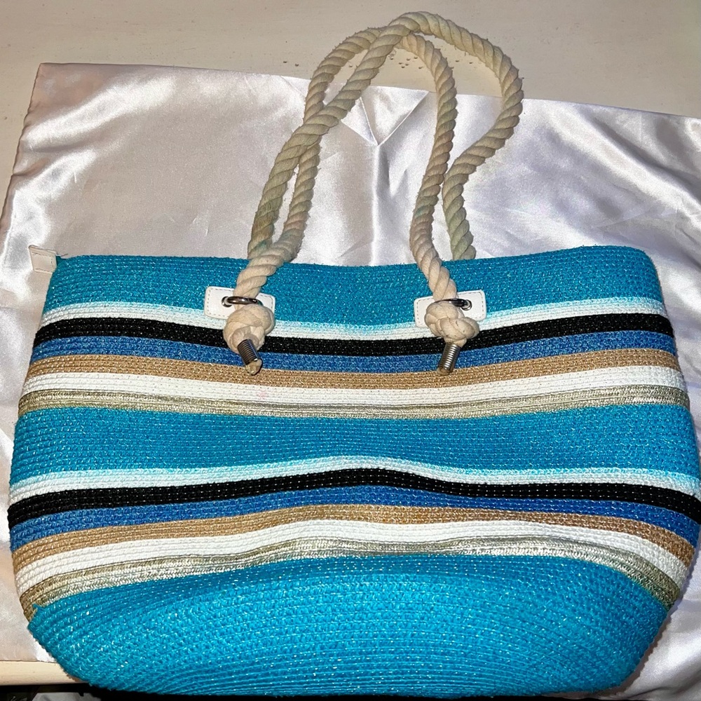 Striped Blue and Tan Tote Beach Bag Vacation, Summer (Offers Welcome!)